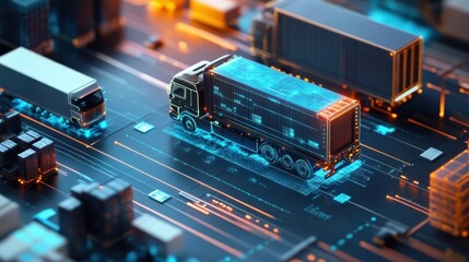 Fototapeta premium Semi-trailer Truck Navigating a Futuristic Digital Highway