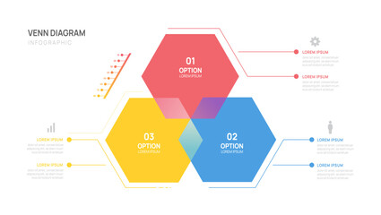 Infographic Hexagon geometric Venn diagram chart template for business presentation with venn diagram elements vector illustration.