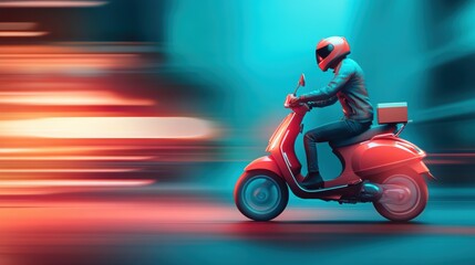 A courier on a scooter weaving through busy city streets, delivering a package with urgency.