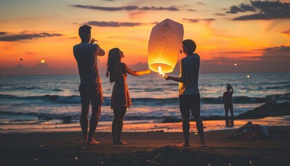 Fototapeta premium Glowing Embers: Friends Lighting Paper Lanterns by the Sea at Sunset