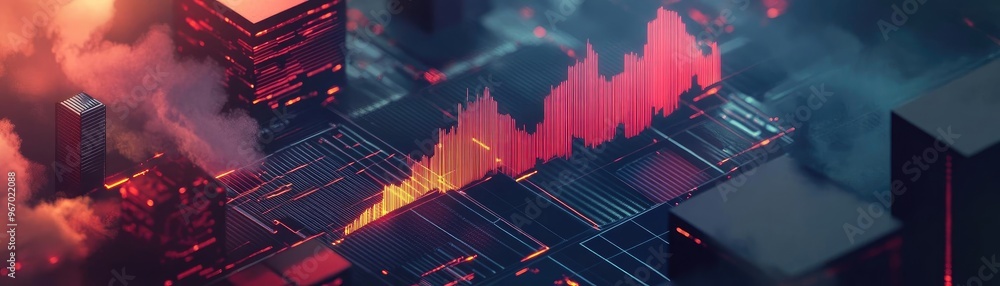 Poster a vibrant cityscape featuring dynamic data visuals and striking colors, symbolizing growth and techn