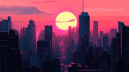 A dreamy New York sunset in 80s retro art style, deep shadows from towering buildings contrast against the vibrant colors of the fading sun