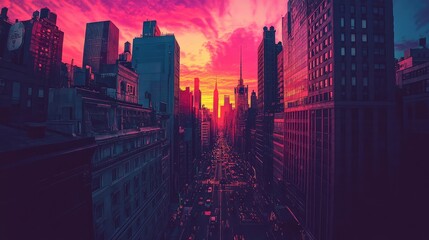 A retro-inspired sundown between New York's towering buildings, with vibrant pastel skies contrasting the dark, shadowy city streets below, evoking a timeless 80s feel