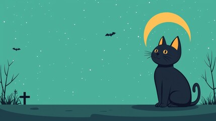 Fototapeta premium Black Cat Halloween Night Background