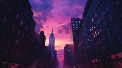 Obraz premium A retro-inspired sundown between New York's towering buildings, with vibrant pastel skies contrasting the dark, shadowy city streets below, evoking a timeless 80s feel