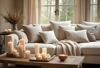 A cozy and inviting living room with a comfortable beige sofa, plush pillows, and a wooden coffee table with candles.