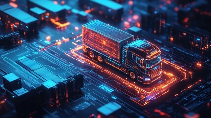 Fototapeta premium A Futuristic Semi-Truck Driving on a Digital Circuit Board