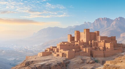 Ancient fortress perched on a rocky hillside with stunning mountain backdrop at sunrise.