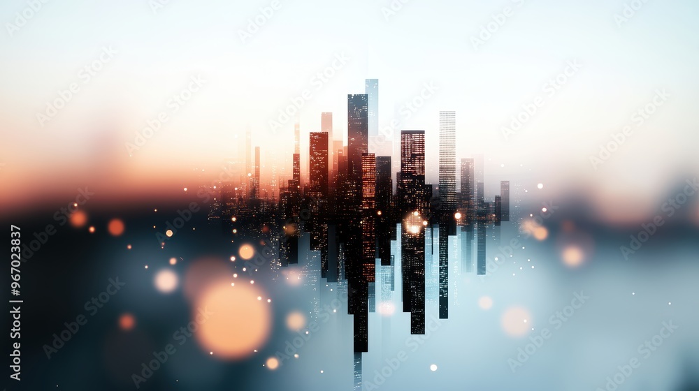 Poster a blurry image of a city skyline with obscured details, emphasizing the sense of scale and highlight