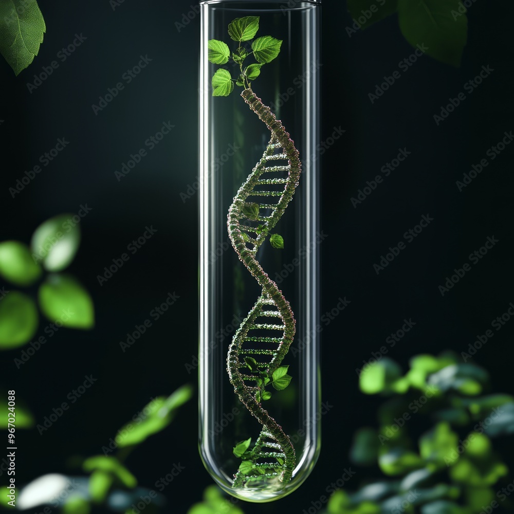 Sticker A DNA double helix with green leaves growing out of it, inside a glass test tube, against a dark background.