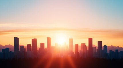 Fototapeta premium A city skyline fading into the distance, buildings becoming hazy silhouettes against a vibrant sunset.