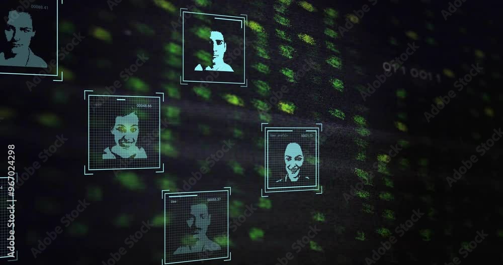 Poster animation of digital data processing and people biometric icons on dark background