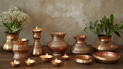 Brass Candles and Decor on Wooden Tabletop