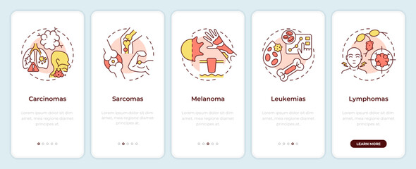 Cancer types onboarding mobile app screen. Diseases walkthrough 5 steps editable graphic instructions with linear concepts. UI, UX, GUI template. Montserrat SemiBold, Regular fonts used