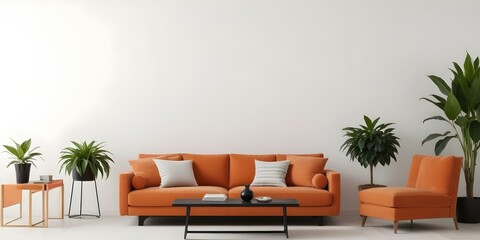 A modern living room with an orange sofa, black coffee table, and potted plant