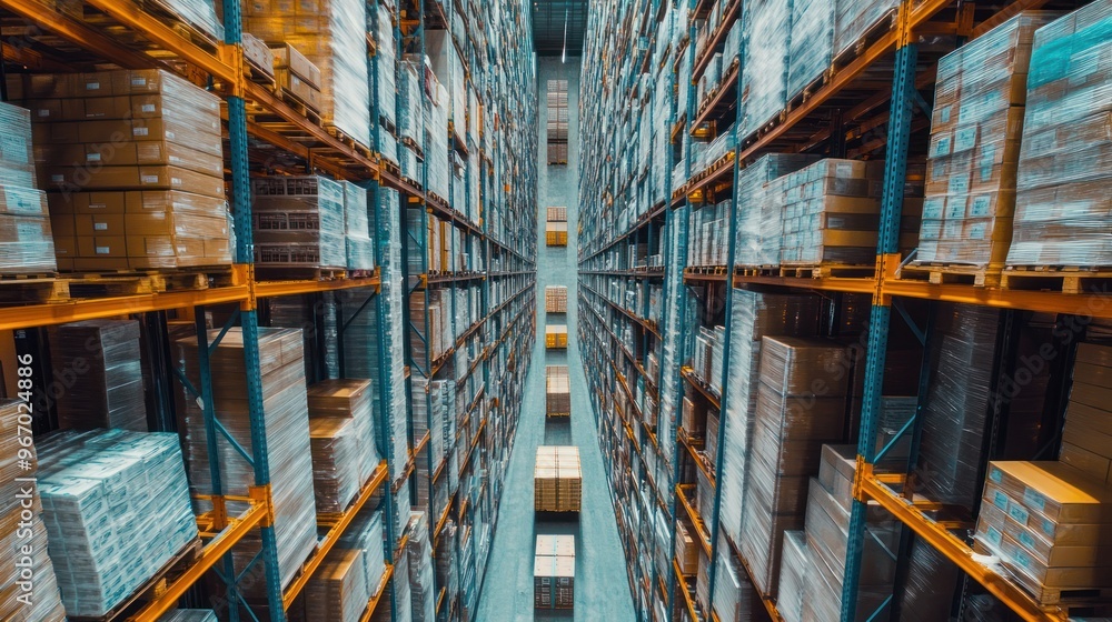 Poster a high angle view of an industrial warehouse with rows of pallets stacked high with boxes