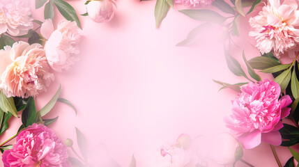 Frame made of of peony flowers with copy space for text on pink background. Flat lay, top view.