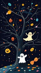 A delightful spooky tree features playful ghosts, festive ornaments, and vibrant colors against a night sky, celebrating Halloween joyfully