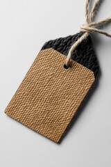 Two blank price tags hanging on a string on white background