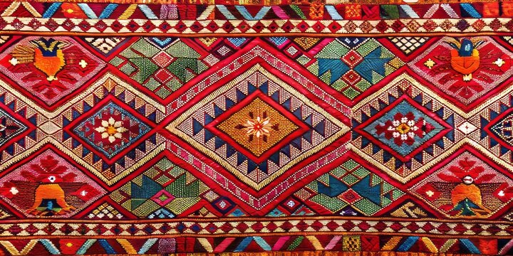 Exquisite handwoven tapestry featuring diamond and bird motifs, executed with meticulous precision, boasting a