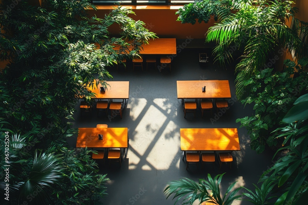 Poster sunlight illuminating tables in empty restaurant surrounded by lush greenery
