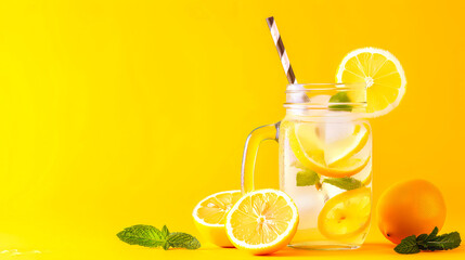 Lemonade in mason jar with lemon and mint on yellow. Copy space. Summer drink