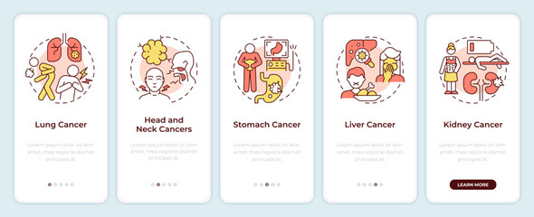 Types of oncological diseases onboarding mobile app screen. Walkthrough 5 steps editable graphic instructions with linear concepts. UI, UX, GUI template. Montserrat SemiBold, Regular fonts used