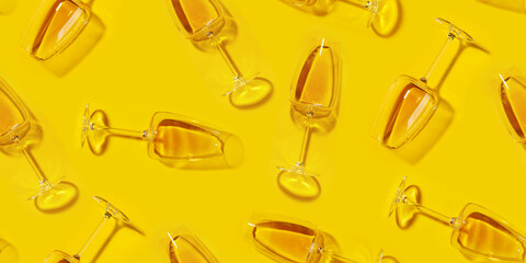 Seamless flat lay background with white wine glasses
