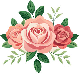 a drawing of roses with green leaves and pink leaves.