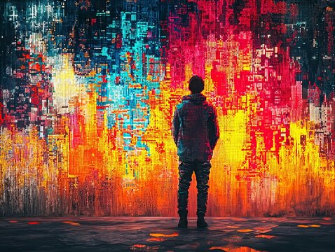 A modern artist painting on a digital canvas made of binary code, blending creativity with technology creativity, thinking, digital innovation