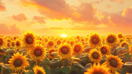 Obraz premium An endless sea of sunflowers, their golden petals glowing in the soft light of sunrise, with an orange and pink sky that fills the scene with a sense of serenity