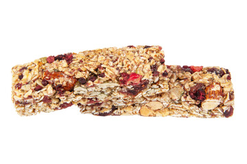Granola bar cereal superfood energy nuts with berries isolated on white background