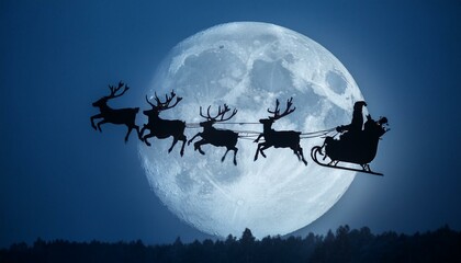 Silhouette of Santa Claus on the sleigh pulled by reindeer flying in the moonlight 