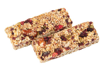Granola bar cereal superfood energy nuts with berries isolated on white background