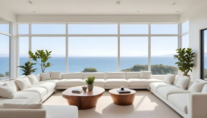 Fototapeta premium A modern, minimalist living room with large windows overlooking a scenic ocean view. The room features white sofas, a wooden coffee table, and potted plants.