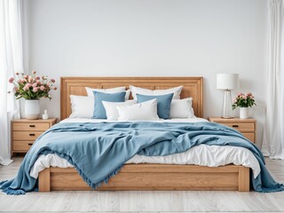 Wooden framed comfortable bed with many pillows, blue blanket and sheets and a sideboard with flowers on top in a white stylish bedroom interior.