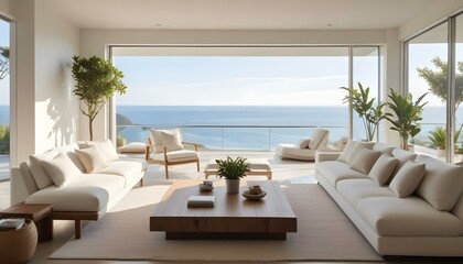 Fototapeta premium A modern, minimalist living room with large windows overlooking a scenic ocean view. The room features white sofas, a wooden coffee table, and potted plants.
