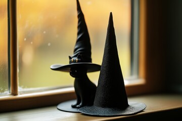 Fototapeta premium A black cat wearing a black and orange hat sits on a window sill
