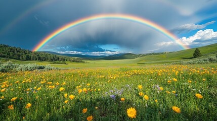 Naklejka premium Double rainbow appearing over field of yellow wildflowers