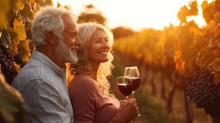 Senior couple drinking wine at sunset in their vineyard