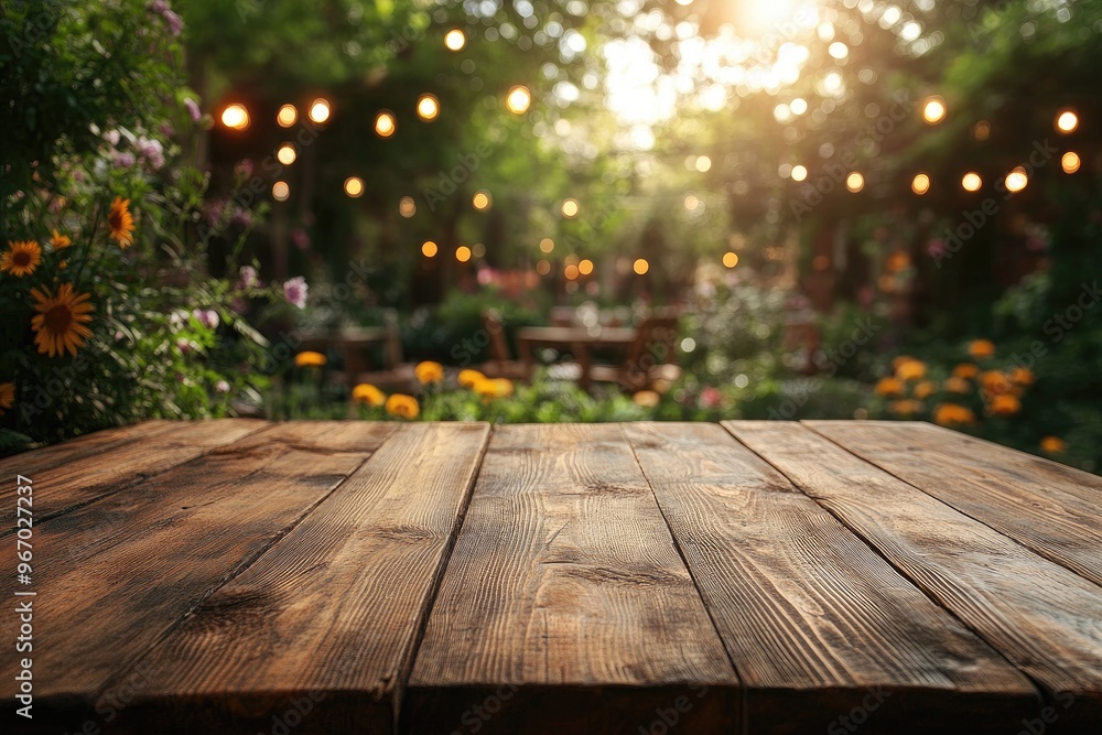 Poster empty wooden table showing outdoor restaurant in the background with string lights