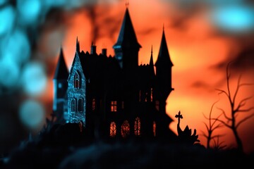 A castle with a dark blue sky in the background