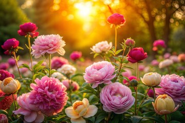 Obraz premium Sunlit peony garden in full bloom during golden hour