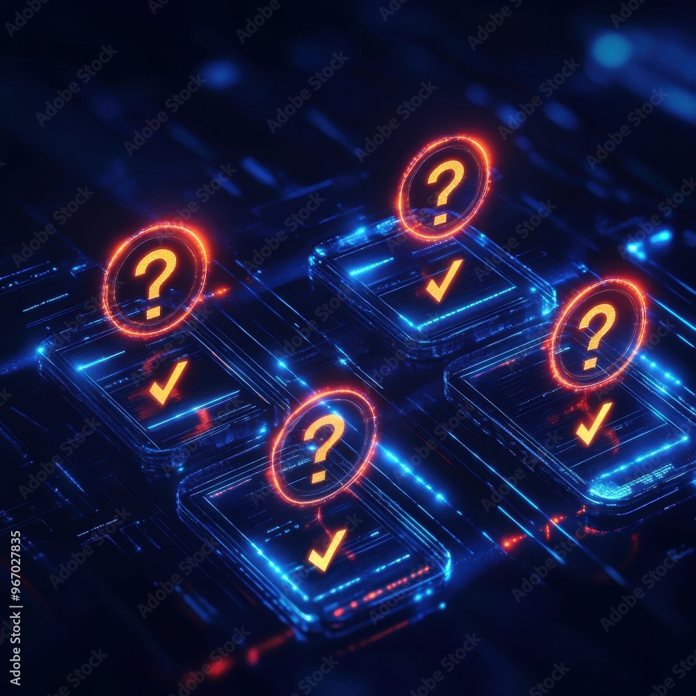 Poster neon question marks and check marks hover on a high-tech grid, glowing in blue and red against a dar