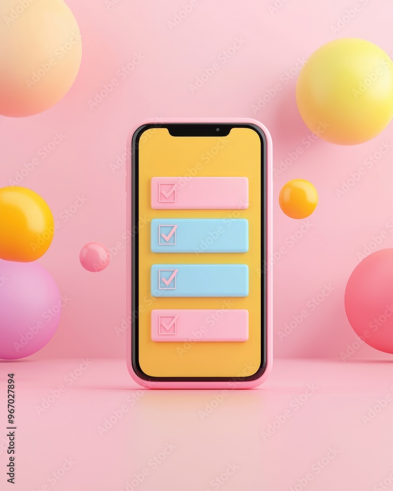 Poster modern smartphone with a vibrant to-do list interface, surrounded by floating colorful spheres on a 