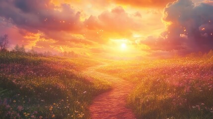 Obraz premium A dirt pathway meandering through a sun-drenched meadow, with the sky ablaze in warm orange and pink as the sun sets behind the horizon