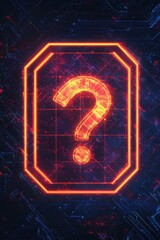 Neon question mark with a digital, futuristic design, glowing in red and orange hues on a dark, tech-inspired background.