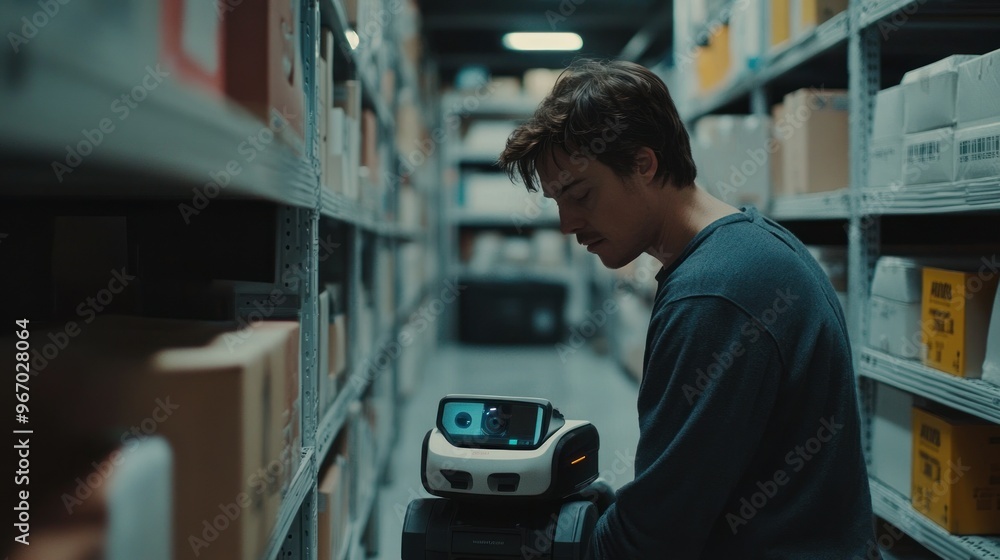 Aufkleber man in a warehouse interacting with a robot