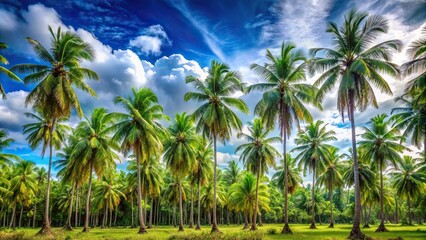 Obraz premium Tropical palm trees forest under the blue sky with white clouds Panoramic