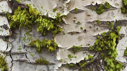 Close up of aspen bark with vibrant green moss, showcasing intricate natural textures and patterns